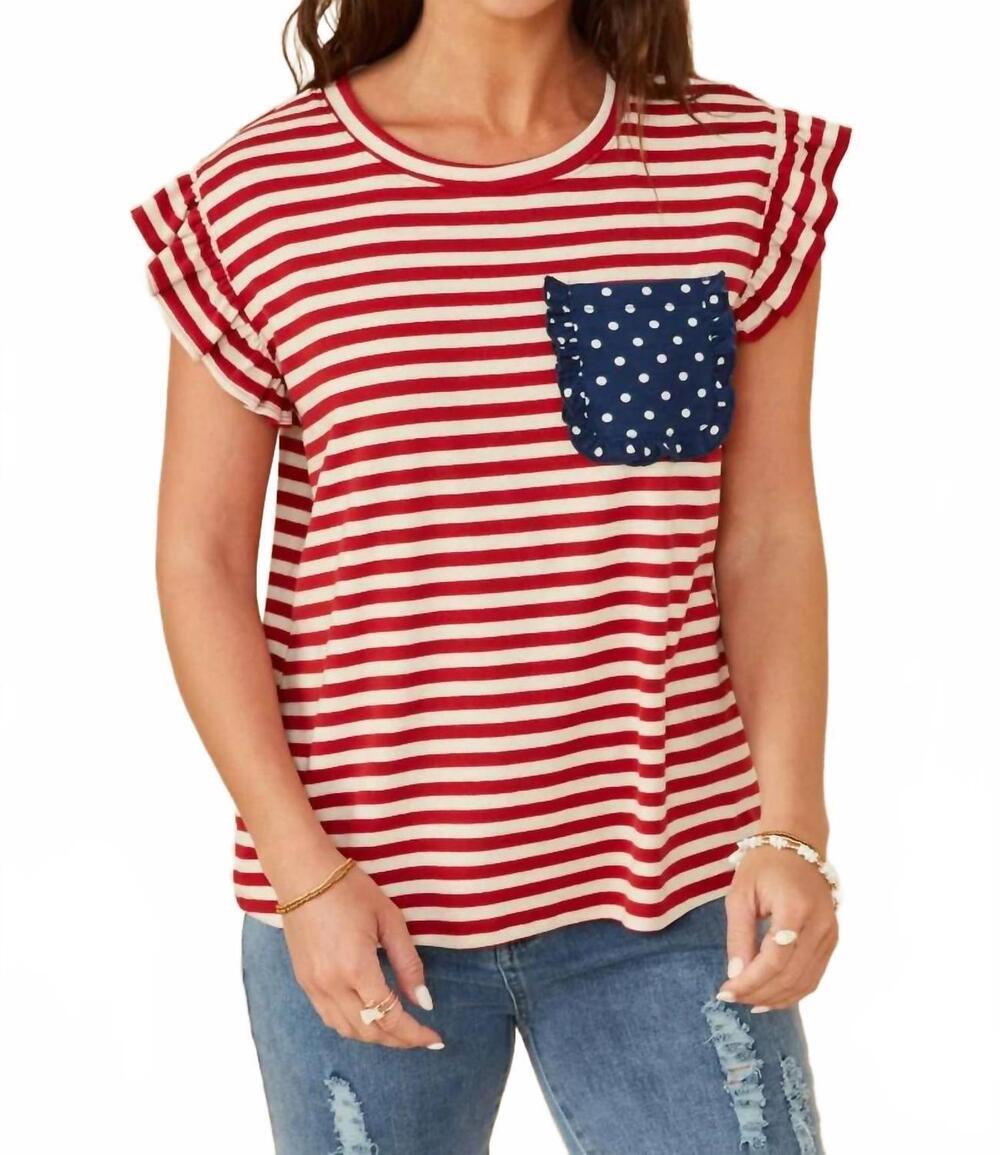 NEW HAYDEN LA star pocket striped ruffled knit tank top in red/white